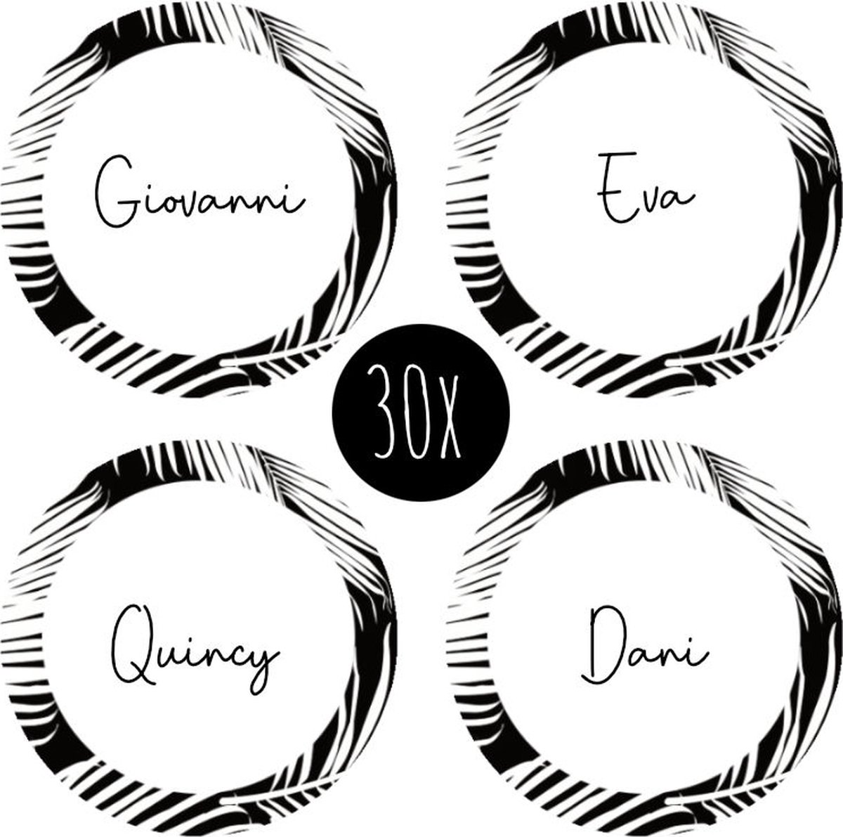 30x Sticker / Naamsticker | rond | beschrijfbaar | 35 mm | JUNGLE | zwart & wit